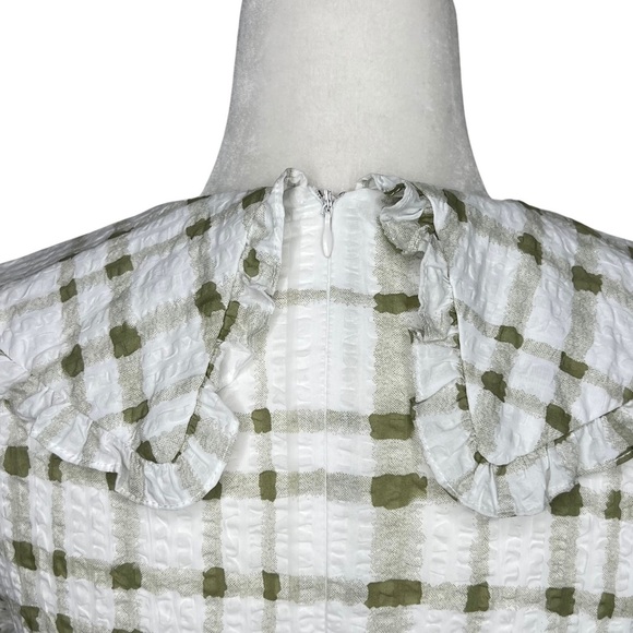 lena Mini Dress Ruffle Collar Short Puff Sleeve Preppy Plaid Green White Small S - Picture 7 of 16